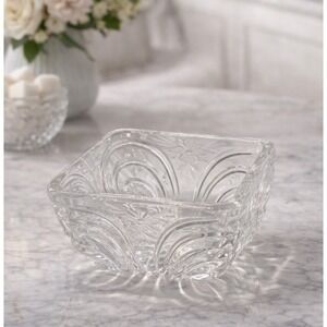 Vintage Cut Crystal Bowl Square 6" Etched Floral Starburst Pattern Heavy Glass